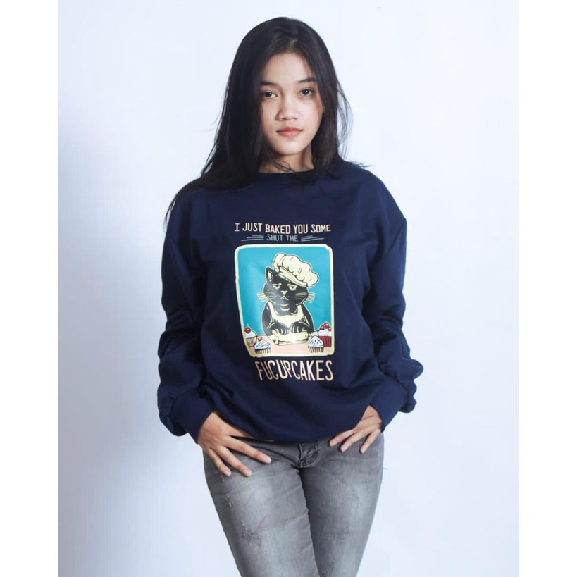 Sweater Fleece Dewasa FUCUPCAKES Sweater Crewneck-NAVY