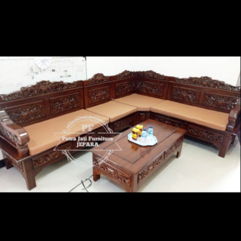 Kursi sudut ruangan L ukir Jepara kayu jati + busa mebel murah