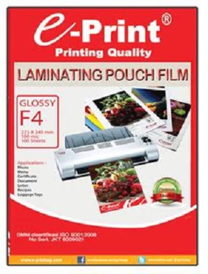 

TAB SHOP - EPRINT LAMINATING POUCH F4 100 MIC 100 SHEETS - E-PRINT KERTAS LAMINASI KANTONG PANAS F4
