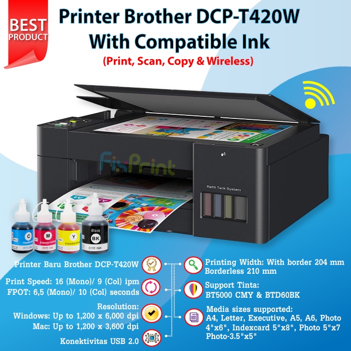 Printer Brother DCP-T420W WiFi Wireless Print-Scan-Copy All in One T420w Wi-Fi A4 Tinta BT-D60 Black BT5000 Color Cyan Magenta Yellow