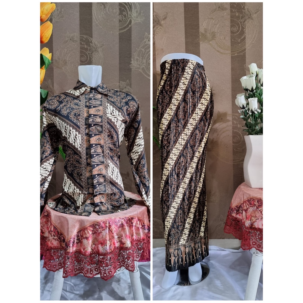 Kemeja Couple Batik Lengan Panjang dan Rok Plisket | Sale Kemeja Premium | Kemeja Semi Sutra | Couple Rpk Plisket dan Kemeja HEM Batik dan Rok Plisket Batik Maxi JUMBO