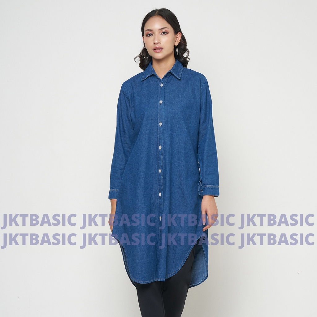 Tunik Denim Dress Wanita Oversize Atasan Jeans Jumbo Lengan Panjang