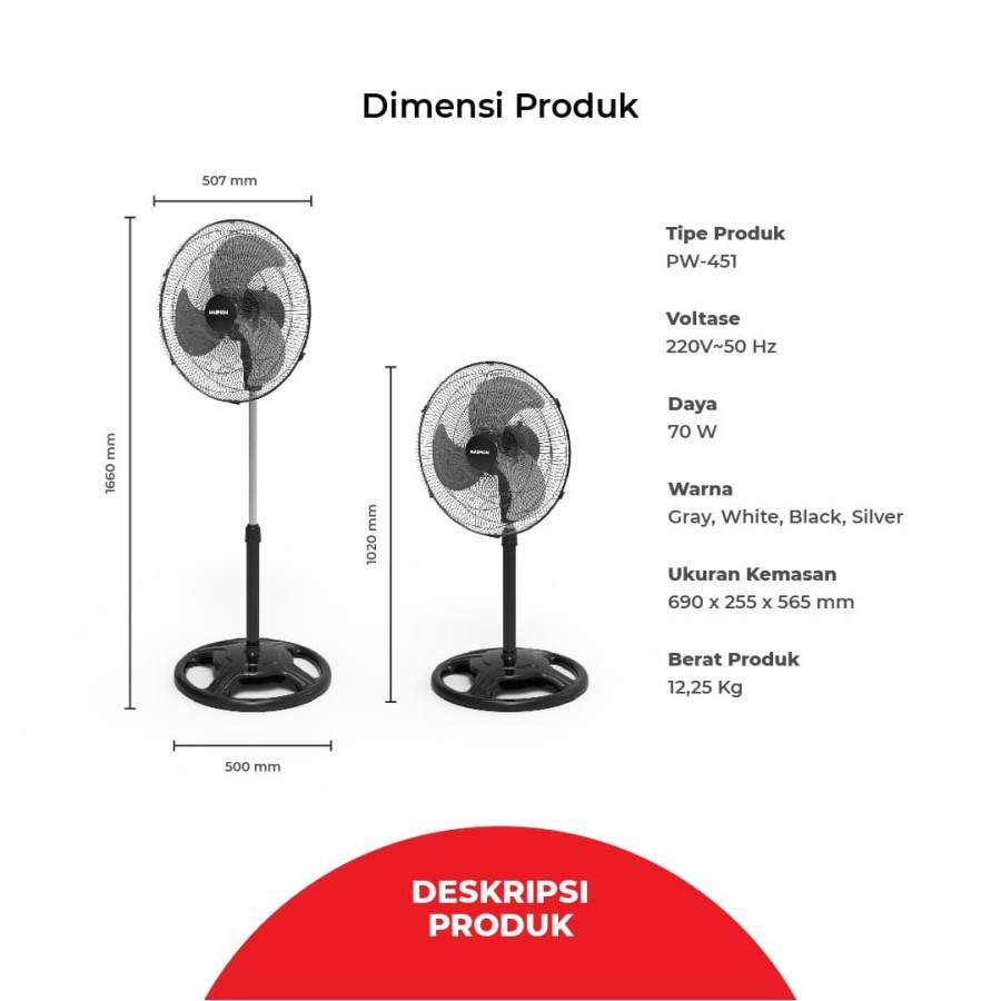 MASPION Kipas Angin Besi Stand Fan 3in1/ Power Fan PW 451 - Garansi Resmi 1 Tahun