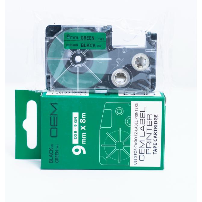 

OEM TAPE EZ LABEL CASIO 9MM BLACK INK GREEN (OXR-9GN)
