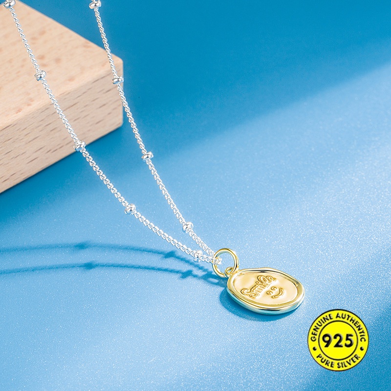 Kalung Rantai Lapis Emas 18K Dengan Liontin Oval Motif Smiley Face Untuk Wanita