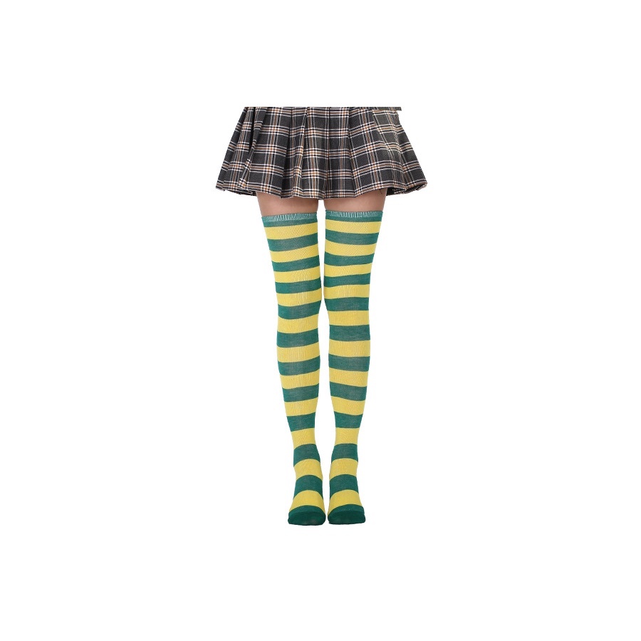 Kaos Kaki Wanita Over Knee Socks Kaos Kaki Sepaha Motif Belang-Belang Kaos Kaki Panjang-Green X Yellow