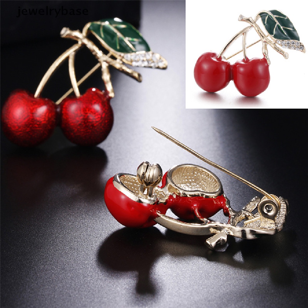 Bros Pin Enamel Bentuk Cherry Merah Bahan Metal Aksen Kristal Untuk Sweater