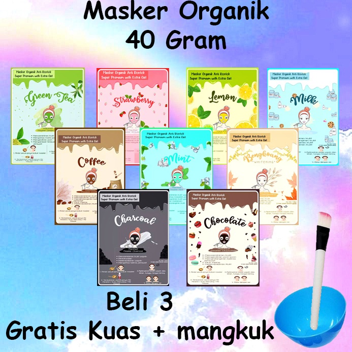 (Free Kuas Mangkok) 40 Gram Masker Wajah Organik Bisa Untuk Anak Masker Wajah Bubuk Mencerahkan Waja