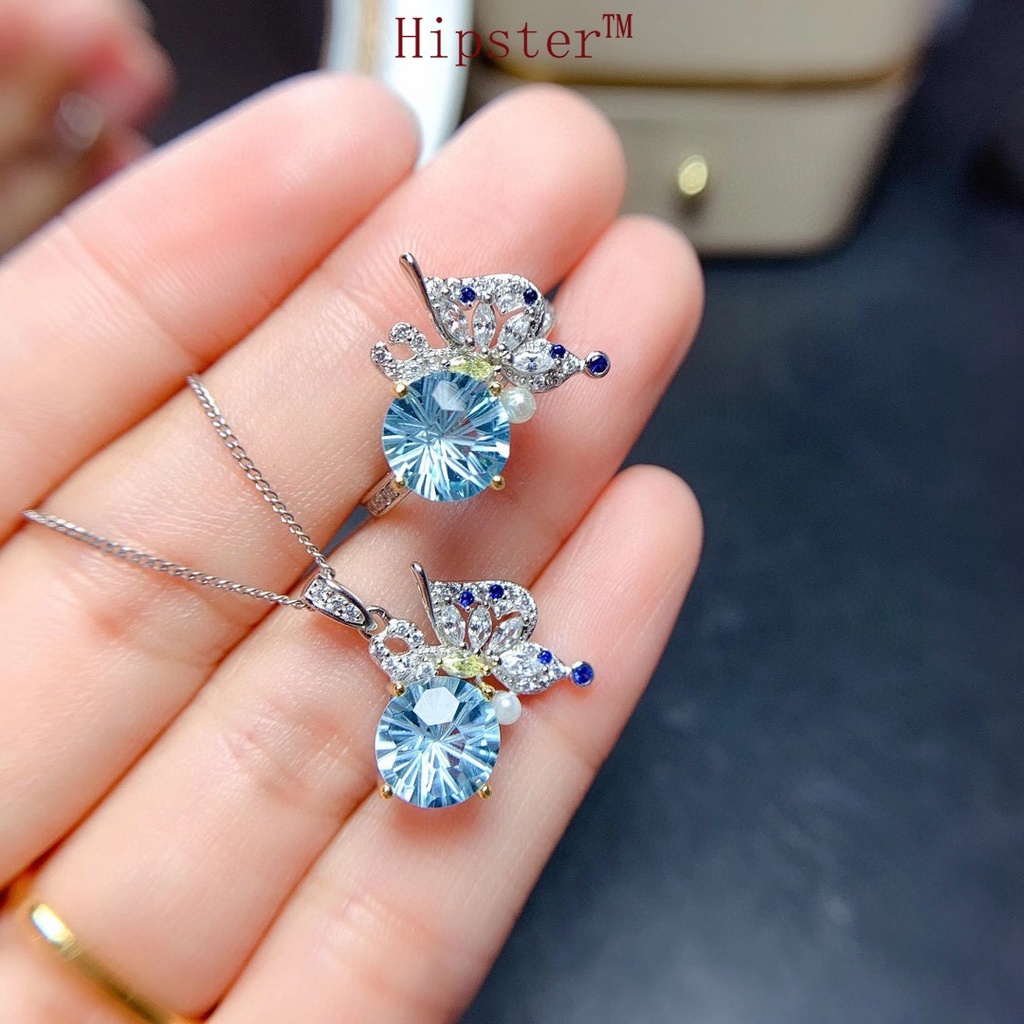 New Super Fairy Design Butterfly Suit Sky Sapphire Rings Pendants Necklace