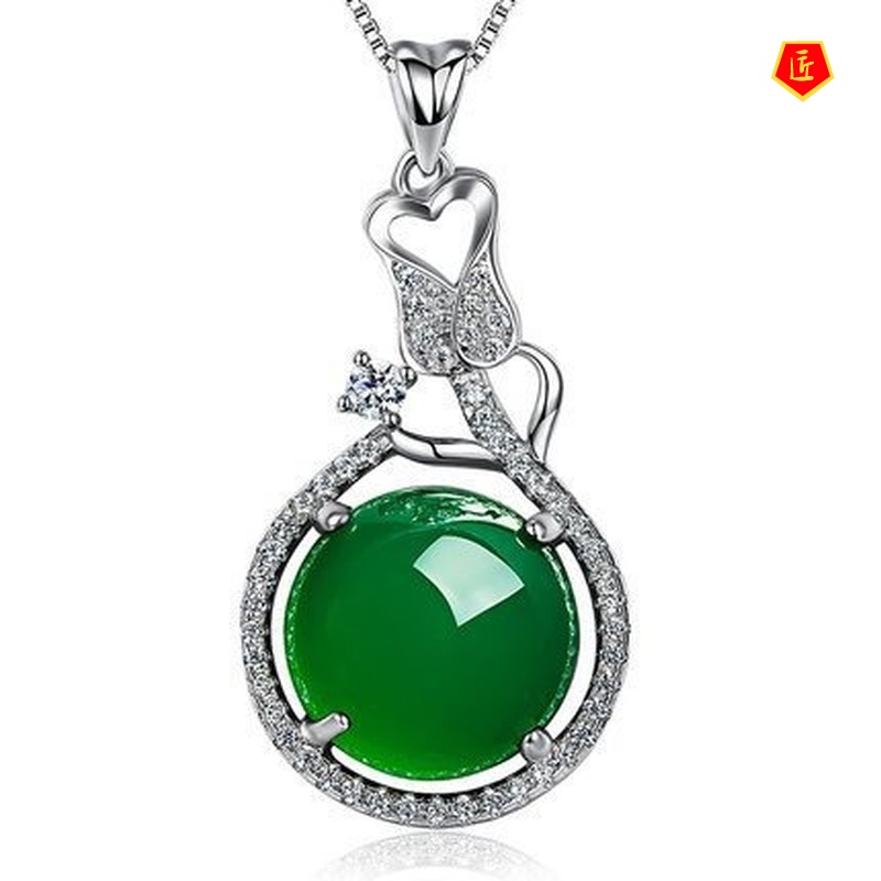 [Ready Stock]Green Chalcedony Silver Necklace Women's Fashion Pendant