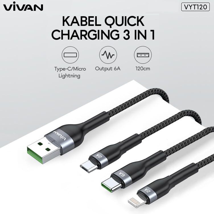 A - Vivan Kable Data VYT120 Kabel Data 3 IN 1 kabel120cm ( Micro, Type-C, Lightning) Fast charger original