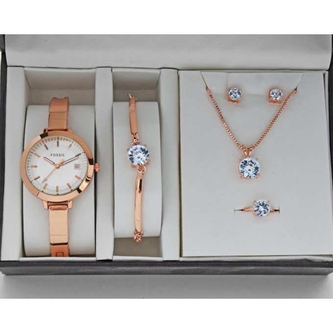 Jam tangan wanita fossil paket plus gelang cincing anting kalung