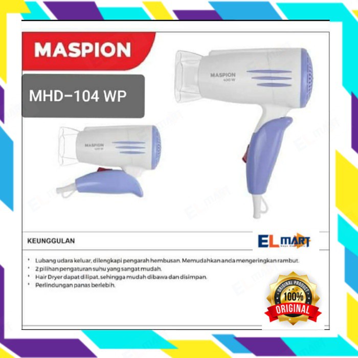 Hair Dryer Maspion MHD 104WP 104 P  MHD104WP Pengering Rambut Dapat Dilipat