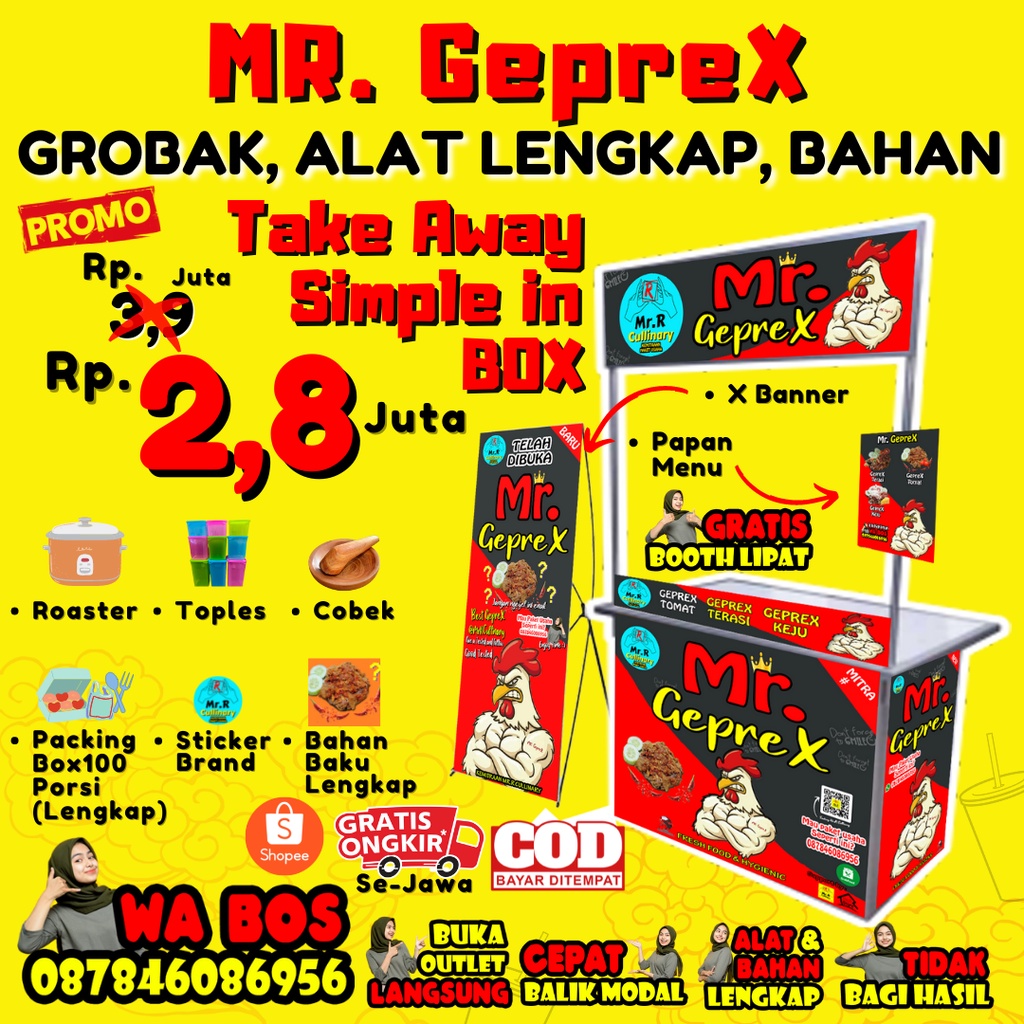 

Mr.GEPREX NEW|| MR.R CULLINARY (FRANCHAISE,PAKET USAHA,KEMITRAAN) GROBAK/BOOTH PORTABLE,ALAT LENGKAP, DAN BAHAN BAKU UTAMA