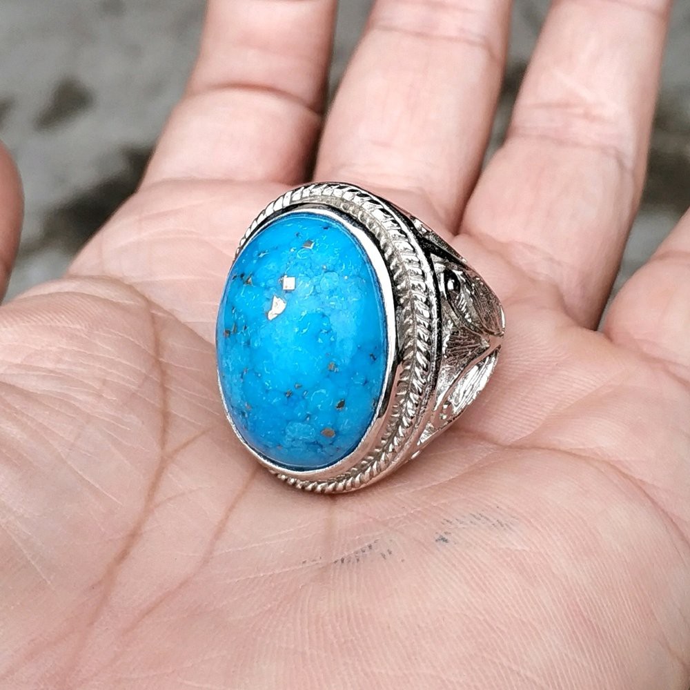 NATURAL CINCIN BATU AKIK PIRUS BIRU XIN JIANG TURQUOISE SERAT EMAS