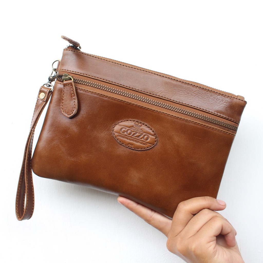 CLUTCH WANITA KULIT SAPI PULL UP ASLI LAILY DOUBLE ZIPPER HAVANA / FREE GRAVIR NAMA