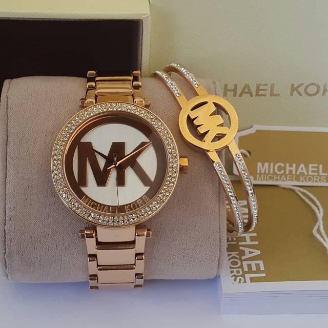 Jam Tangan Wanita Merk MK ORI Rosegold Stainless Plus Gelang