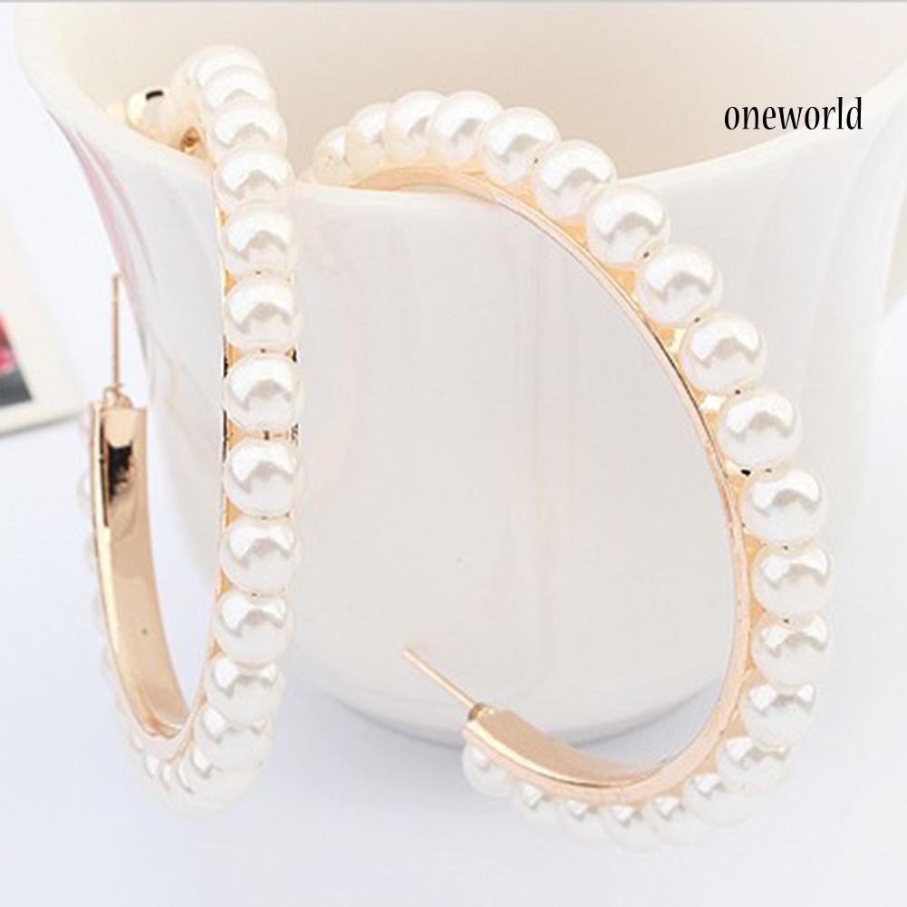 OW@ Fashion Women Faux Pearl Inlaid Large Circle Statement Hoop Earrings Jewelry