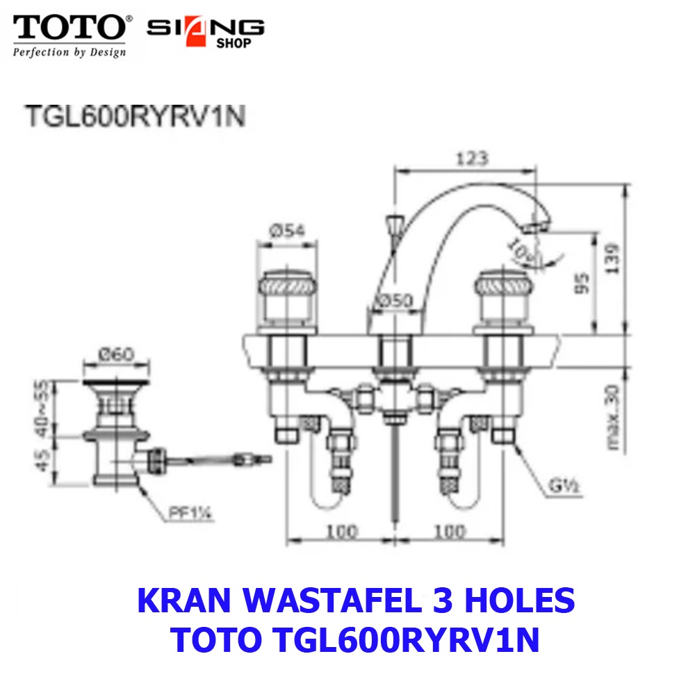 TOTO TGL 600 RYRV1N KRAN WASTAFEL 3 HOLES PANAS DAN DINGIN