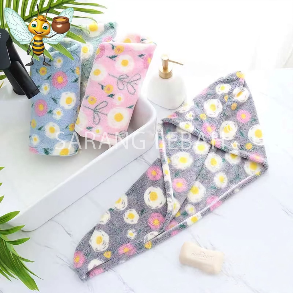 Handuk Keramas Sarang Lebah / Handuk Lap Rambut Cepat Kering Motif Bunga