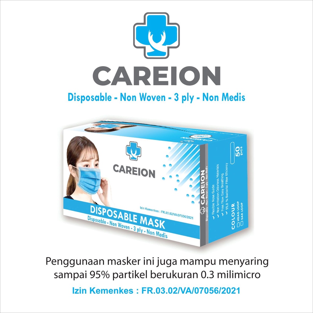 3PLY CAREION BOX - MASKER 3PLY EARLOOP CAREION FACEMASK DISPOSABLE MASK MEDICAL GRADE KEMENKES - BIRU HITAM HIJAU