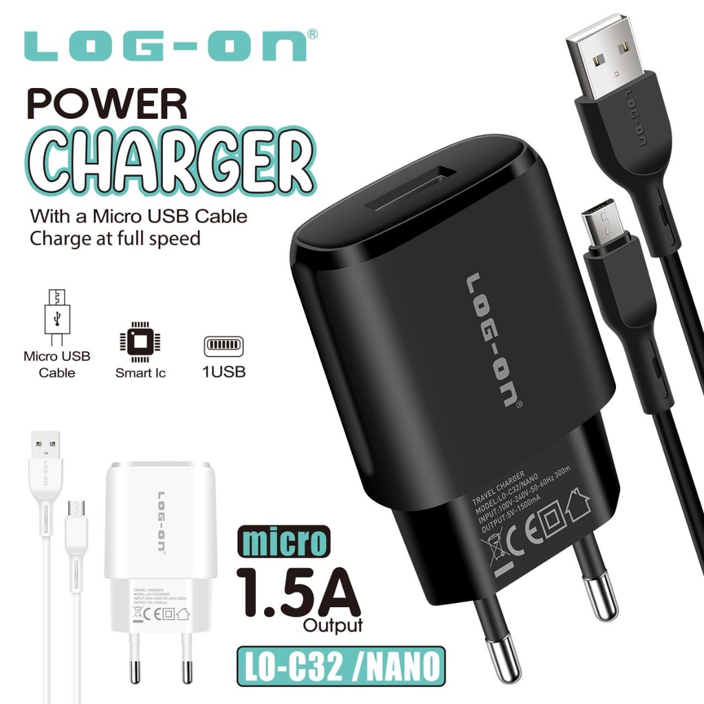 MINIGO CHARGER LOGON Lo-C32 / NANO  Quick Charge 1USB 2.4A SMART IC + Kabel Micro usb