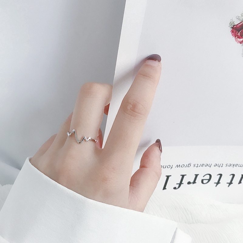 Cincin Jari Perak Detak Jantung Charm Wave Heartbeat Finger Ring Korea Adjustable Silver Rings Women Jewelry Accessories Gifts