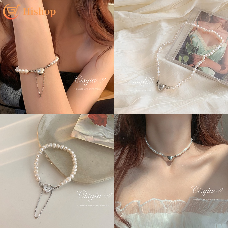 Kalung Choker Gelang Mutiara Rumbai Hati Magnetik Untuk Wanita