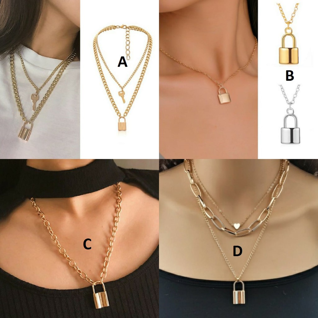 Kalung Wanita Gembok Kunci Emas Liontin Kalung Rantai Wanita Retro Korea Dalika