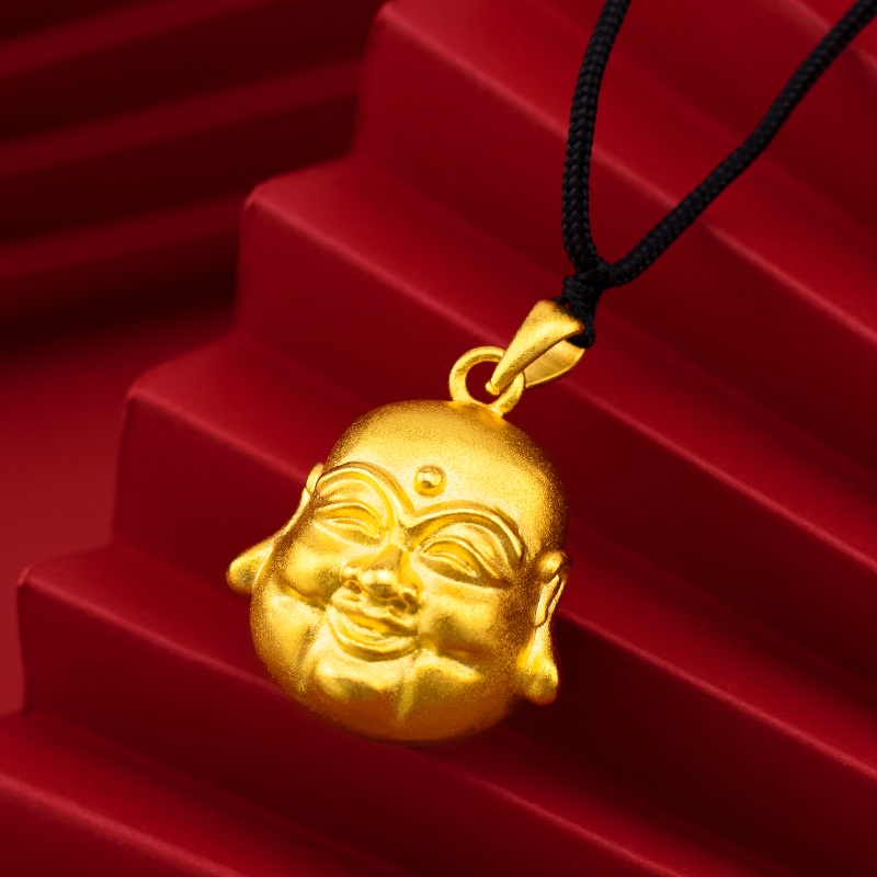 Kalung Liontin Buddha Maitreya Lapis Emas Emas Asli Kadar 375Gaya Korea Untuk Pria