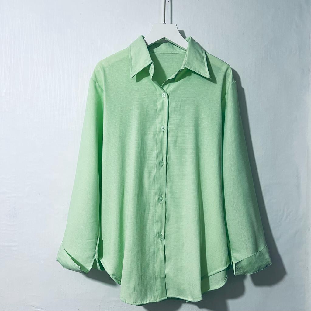 Saku Kemeja Wanita/Blus kemeja linen 2021 Kualitas tinggi Wanita/Atasan wanita kantor Wanita chic lengan panjang-Mint_KMJ Linen