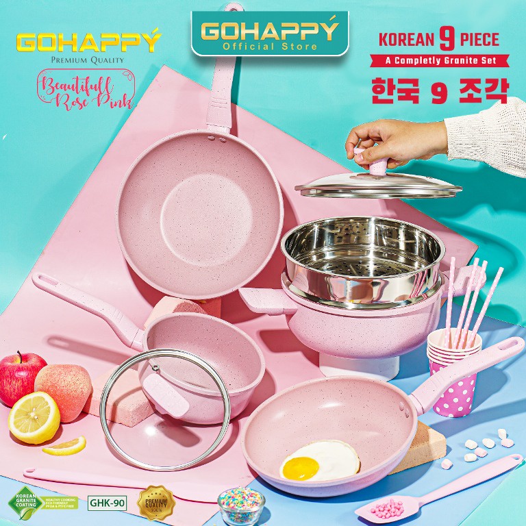 MIZUKITCHEN Panci Set 9 pcs Granite Korean pink tosca vanila Original GOHAPPY GHK98 Wajan besar rebus kukus lengkap