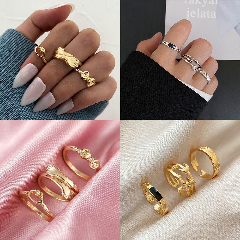 Lily Knuckle Rings Set Wanita Punk Berongga Logam BOHO Midi Rings