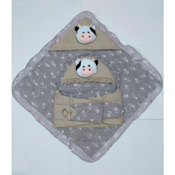 TERMURAH !!! SATU SET PERLENGKAPAN BAYI (PAKET HEMAT 5 in 1) BONUS 1 SET SARUNG TANGAN KAKI BAYI-Gndongan+slimut krem
