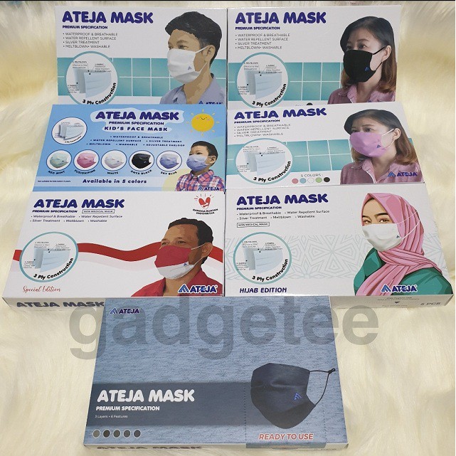 Masker Ateja Mask (1 Box) Kain Non Medis 3 Ply Lapis Dewasa Anak Earloop Hijab Denim Active SNI WHO