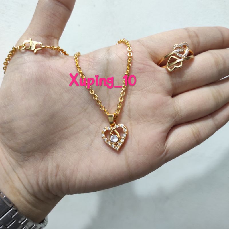 2in1 Set Perhiasan Wanita Kalung + Cincin Permata Model Love