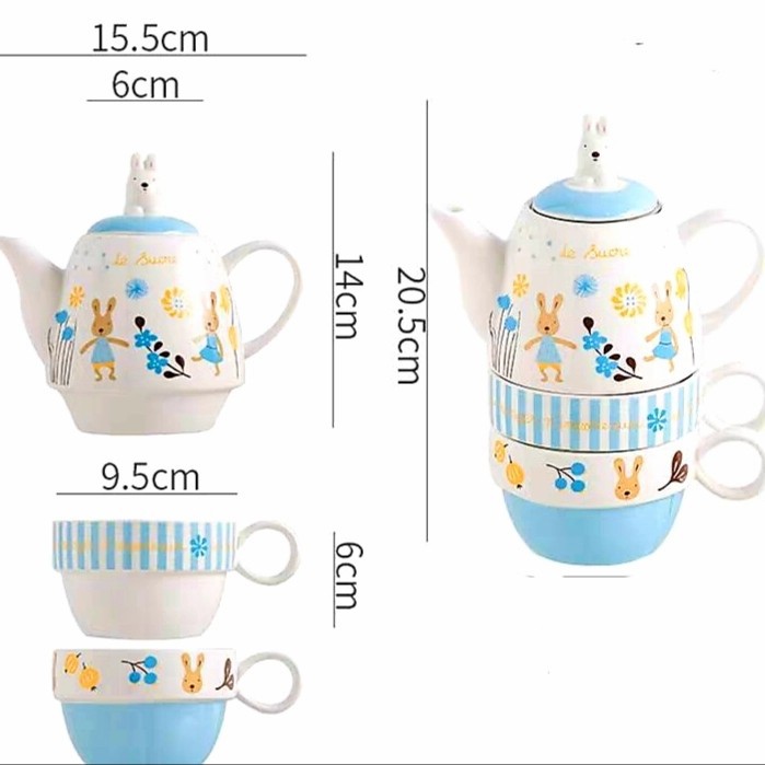 Gelas Teko + 2 Mug Set Rabbit Tea Set Keramik Kado Ultah Gift Premium