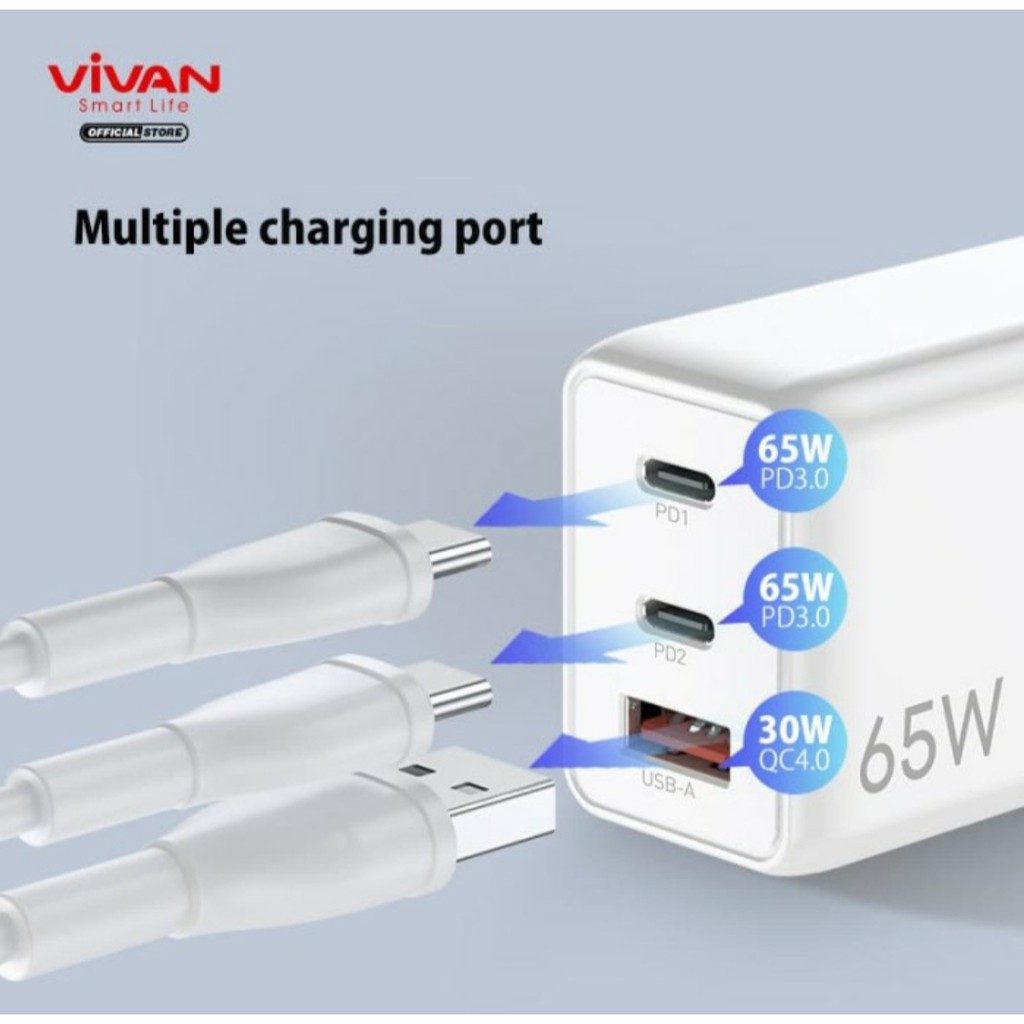 VIVAN Charger GaN01 65W 5A 3 Output PD QC3.0 QC4.0 Port Quick Charge