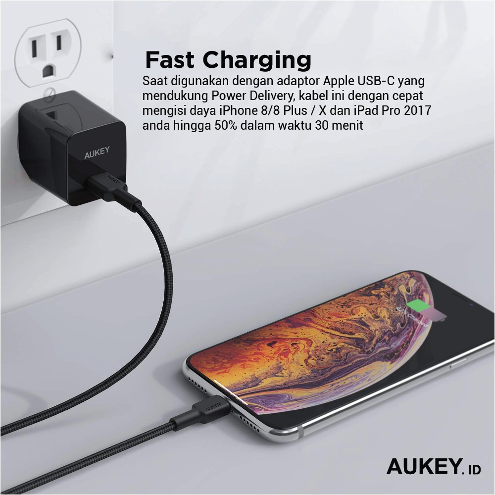 Aukey CB-CL1/SCL1 Braided Nylon Cable MFI USB-C to Lightning Cable 1,2m Original Garansi Resmi Aukey