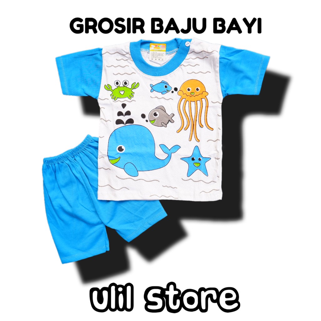 Setelan Baju Pendek Baju Bayi Kancing Pundak Usia 3-15 Bulan NDL Motif