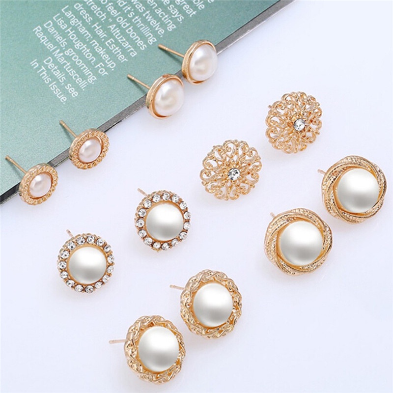 (LUCKID) 6 Pasang / Set Anting Tusuk Aksen Mutiara + Berlian Imitasi Untuk Perhiasan Wanita