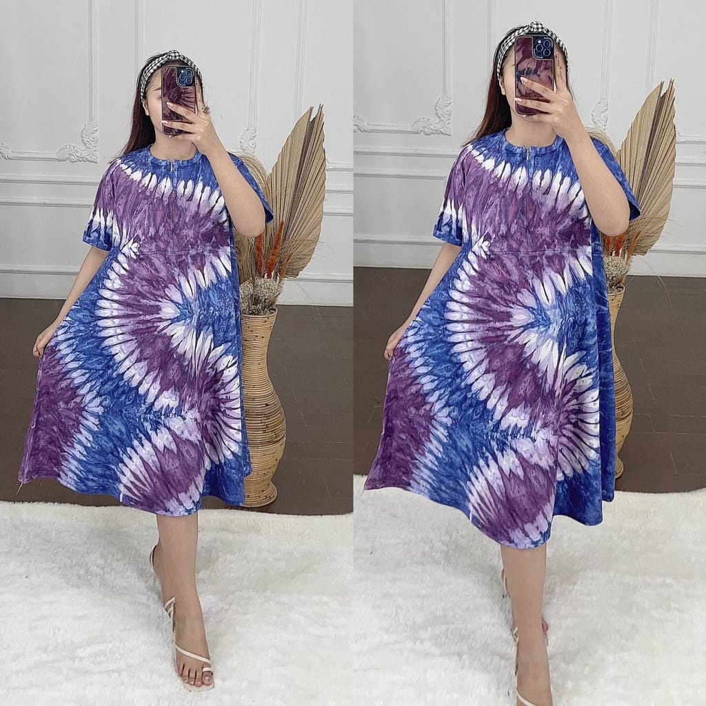 [GROSIR] Daster Kaos Payung Busui Tiedye XXL Jumbo Klok A Busui Resleting-Topan Biru Ziper