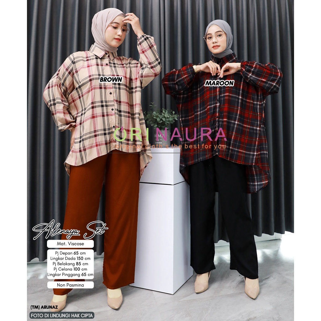 Alenaya Setelan Jumbo Wanita Kemeja Kotak-kotak LD 150 cm Celana Kulot One Set Rayon Adem Busui Frie