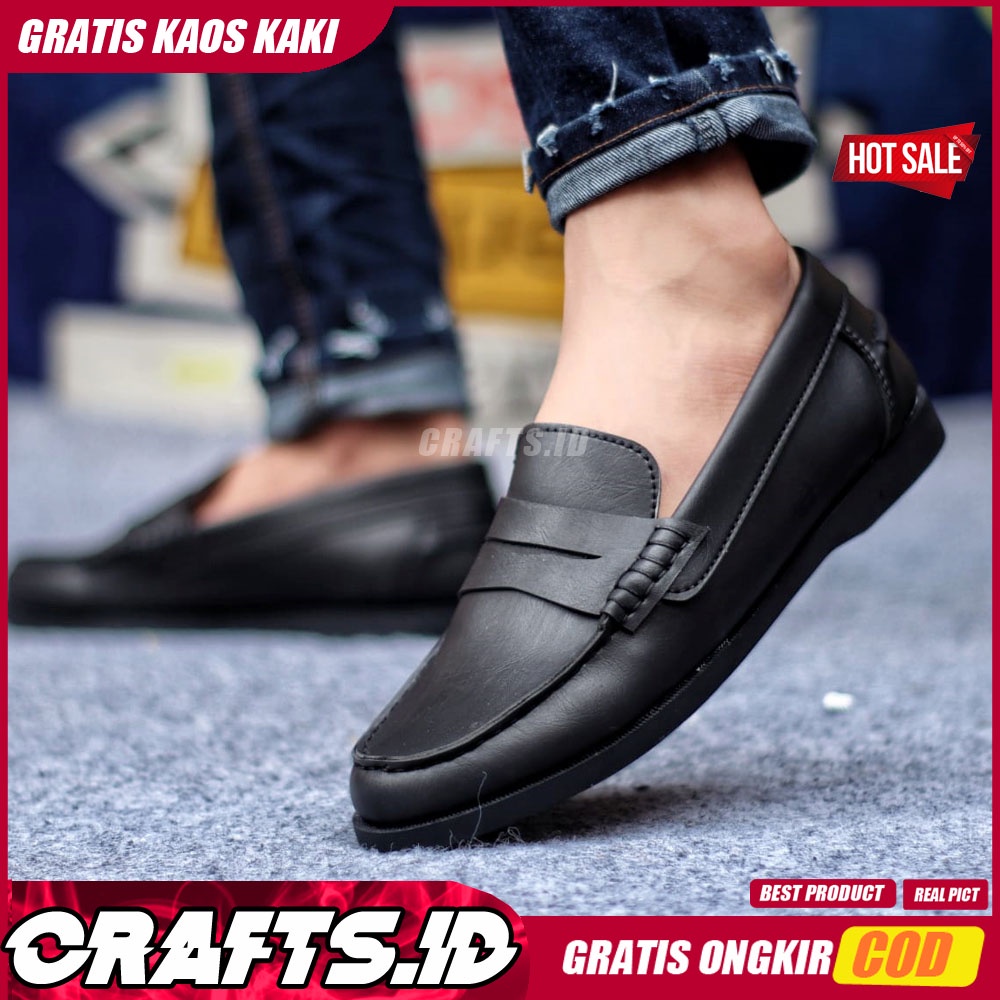 CRAFTS IRISH - Sepatu Formal Pantofel pria Resmi Hitam Kerja Casual Slip On Kulit PU