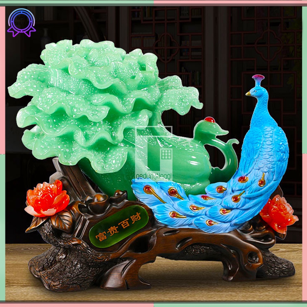 Pajangan Patung Hiasan Hadiah Kado Sawi Putih Bai Cai Bulu Burung Merak Phoenix Bunga Teratai Lotus Meja Kantor Aesthetic Benda Hoki Rejeki Rezeki Fengshui Feng Shui Tree Decoration Pohon Keberuntungan Wedding Happy Anniversary Batu Giok Resin Emas Cina