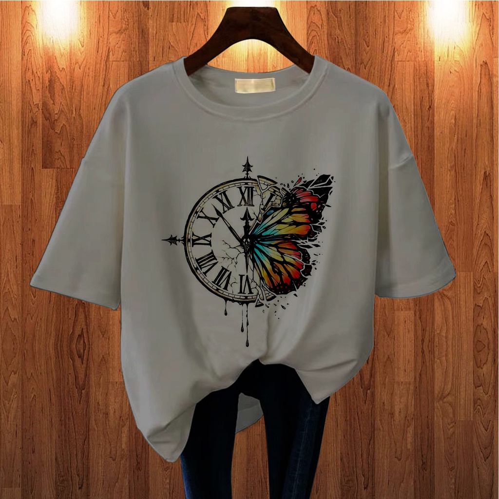 CALVIERO SHOP - BAJU KAOS WANITA DEWASA PRINT BUTTERFLY CLOCK CASUAL T SHIRT