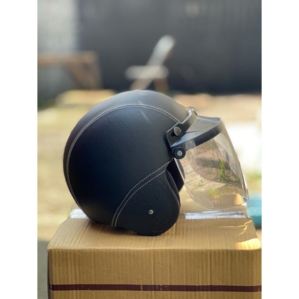 HELM DEWASA BOGO POLOS Kulit + KaCa DatarFLat