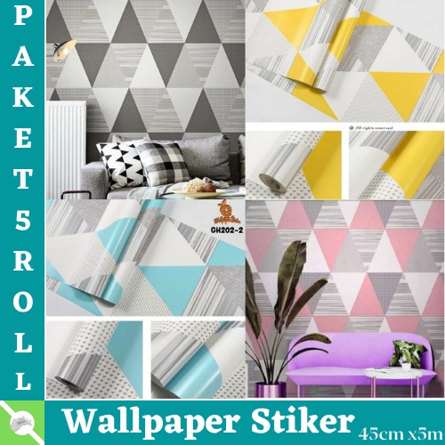 PROMO TERMURAH PAKET 5ROLL WALLPAPER DINDING RUANG TAMU STIKER DINDING MOTIF SEGITIGA MODERN BEST SELLER !!! ( BUY 4 GET 1 FREE )