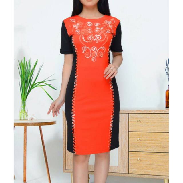 Pakaian wanita, Dress import bahan scuba tebal bordir bunga/office/resmi/elegant