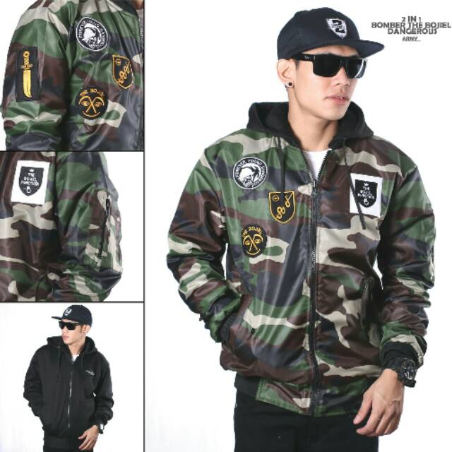 Bomber hoodie loreng army bolak balik